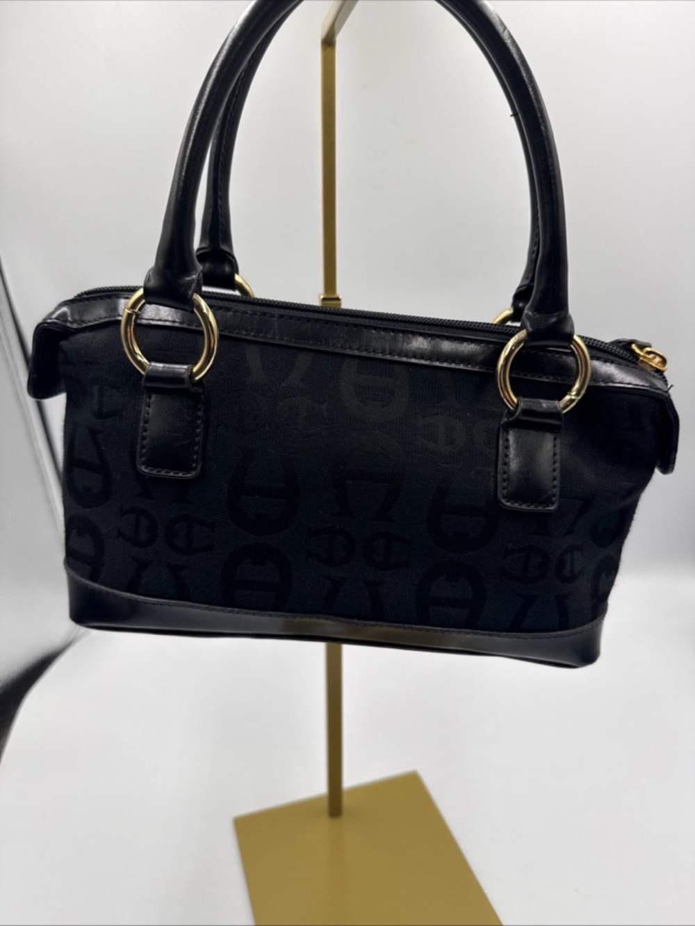 Etienne Aigner Black Logo Jacquard Satchel with Gold Hardware